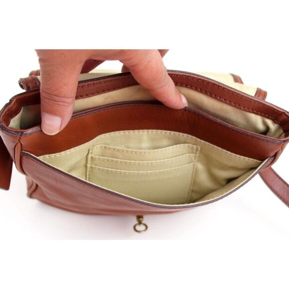 FOSSIL BROWN GENUINE LEATHER FLAP X-BODY MESSENGER SHOULDER BAG HANDBAG PURSE - Picture 8 of 14